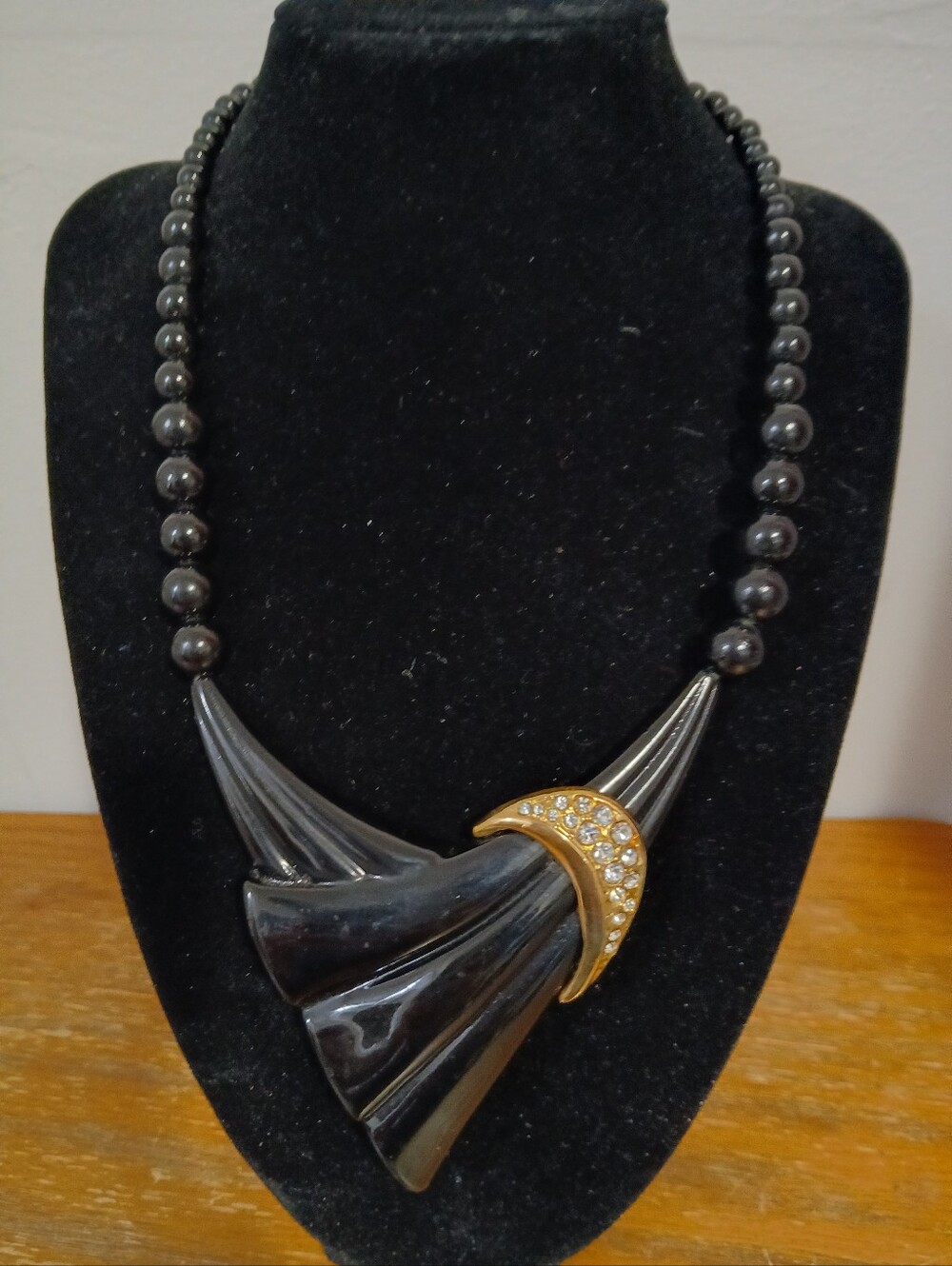 VTG black lucite beaded fluted pendant rhinestone embellished crescent moon